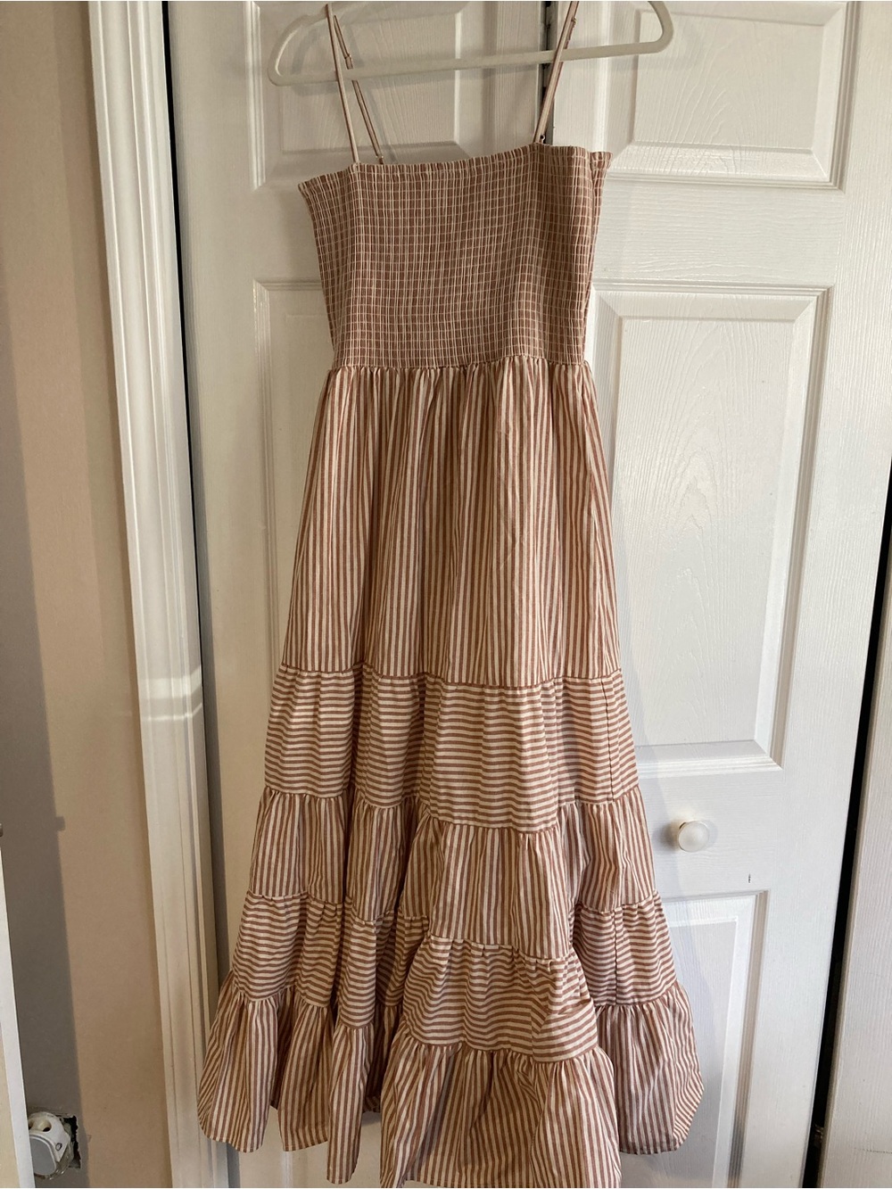 Altar'd State Tan and White Striped Smocked Maxi Dress
